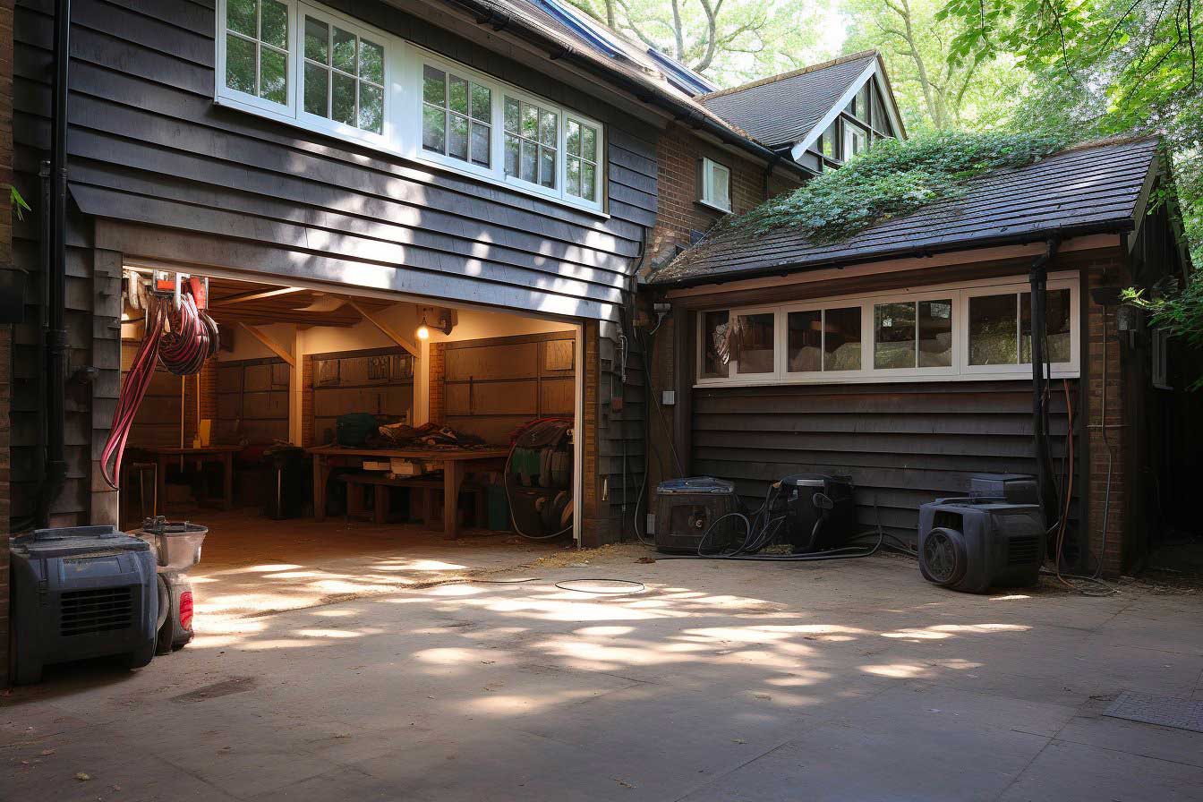 Un garage avec la porte grande ouverte