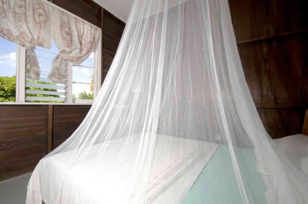 Un lit protégé par une moustiquaire